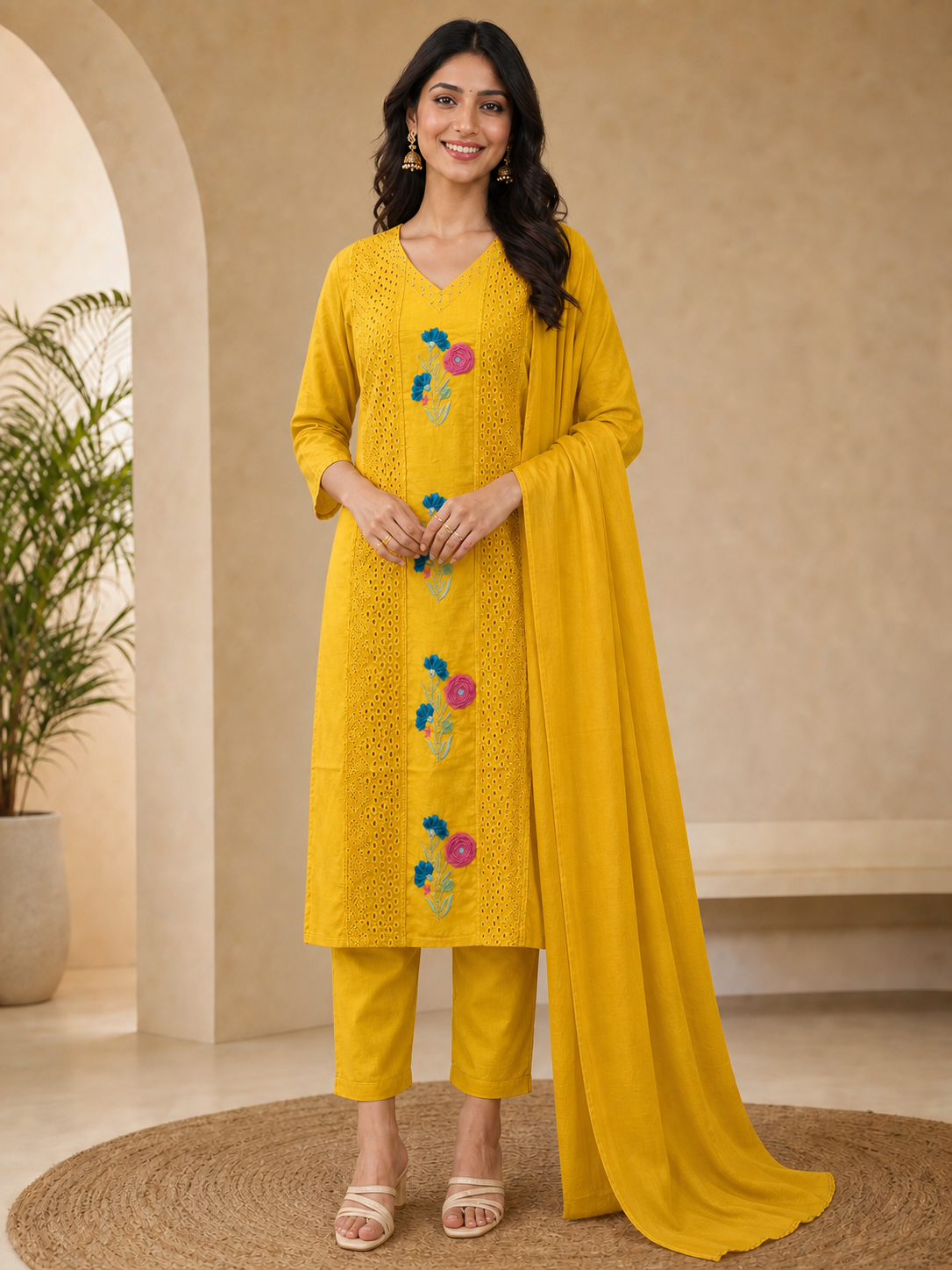 Peachmode Gold Mul Cotton Floral Embroidered Salwar Suit - Image 2
