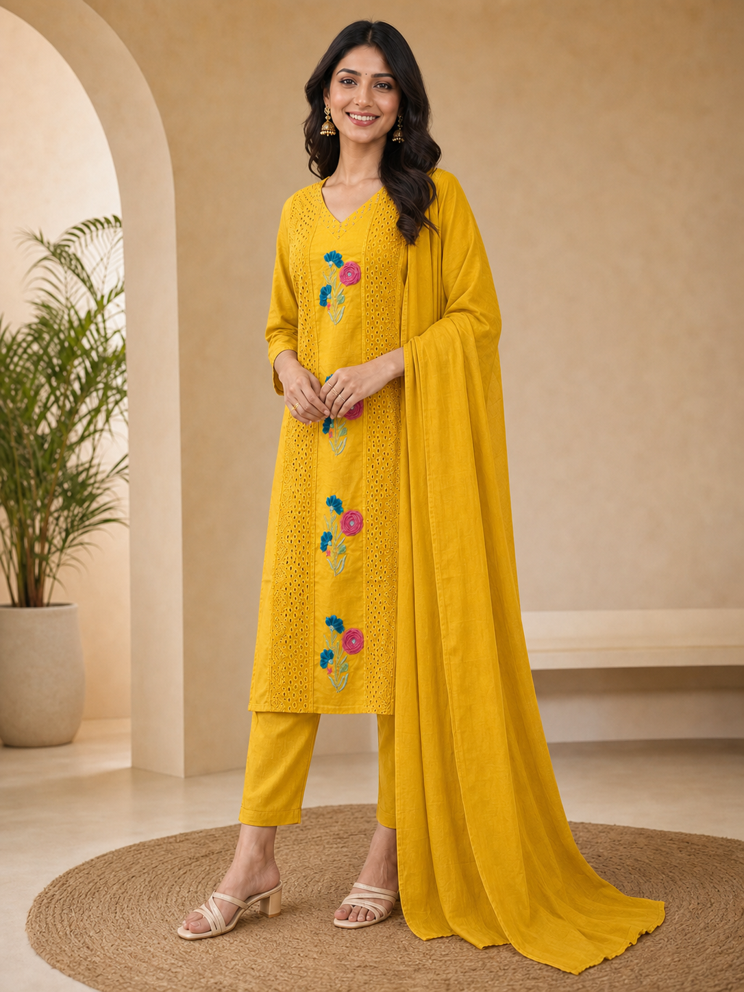 Peachmode Gold Mul Cotton Floral Embroidered Salwar Suit - Image 3