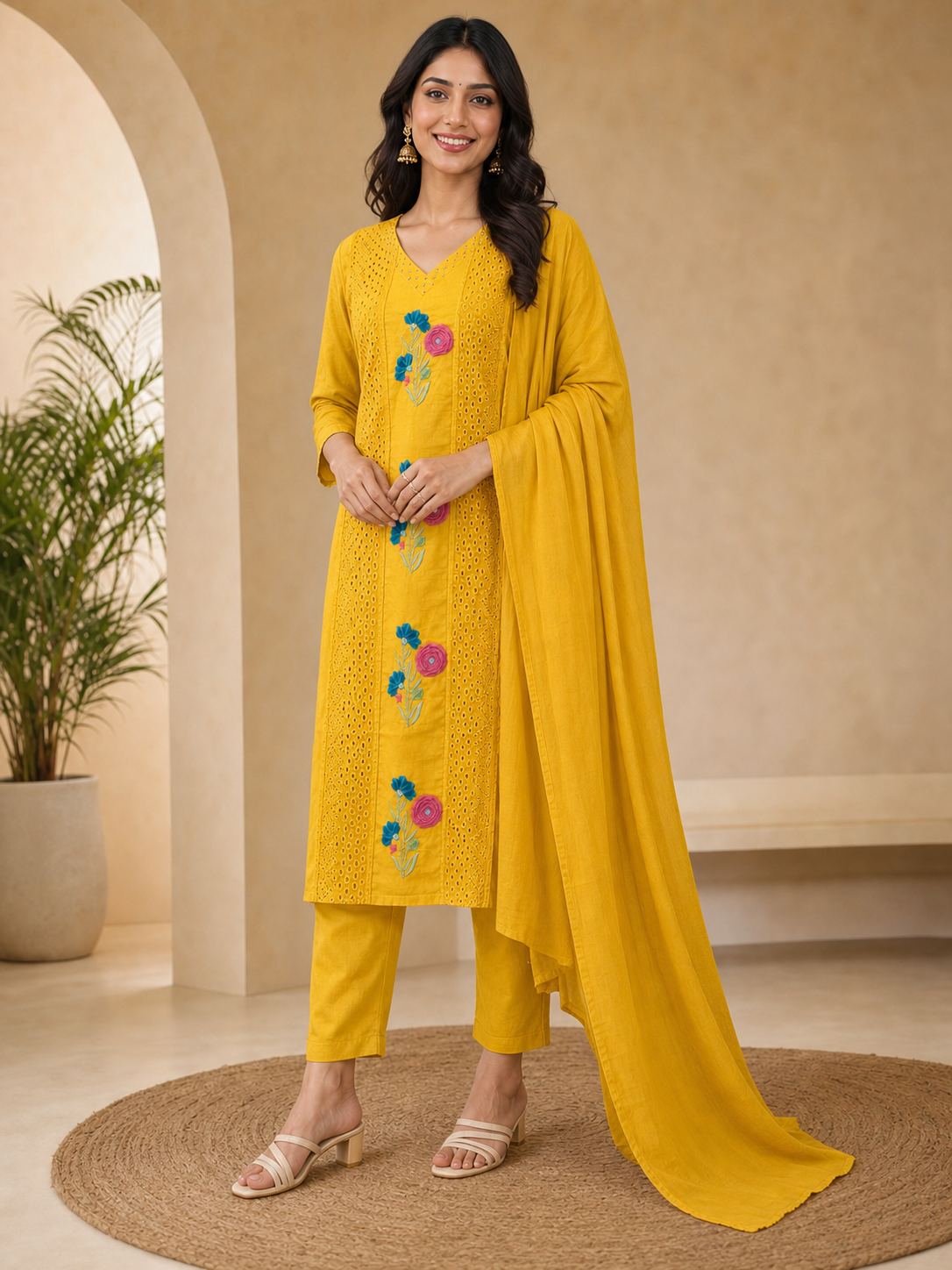 Peachmode Gold Mul Cotton Floral Embroidered Salwar Suit - Image 4