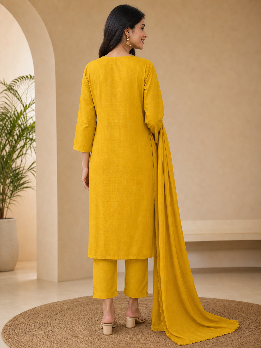 Peachmode Gold Mul Cotton Floral Embroidered Salwar Suit - Image 5
