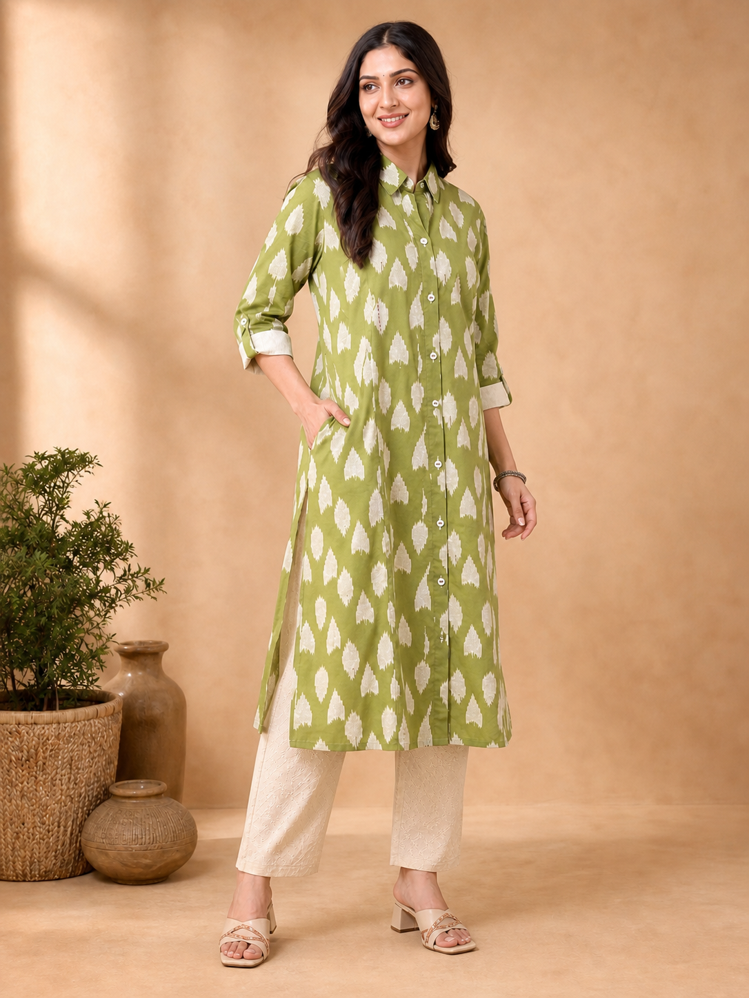 Peachmode Green Pure Cotton Geometric Printed Co-ord Set - Image 4