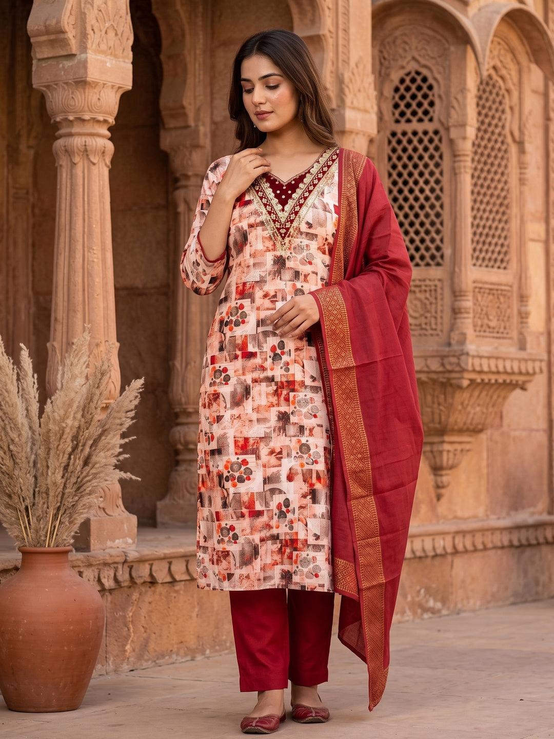 Red Digital Printed Cotton Blend Dress Material With Intricate Neck Embroidery - Image 1