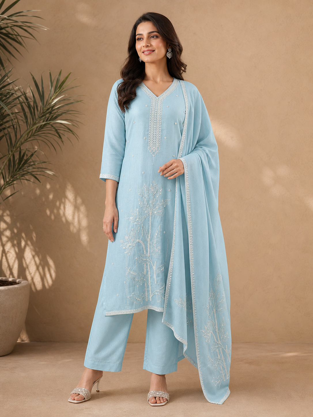 Peachmode Sky Blue Vichitra Silk Embroidered Salwar Suit - Image 1