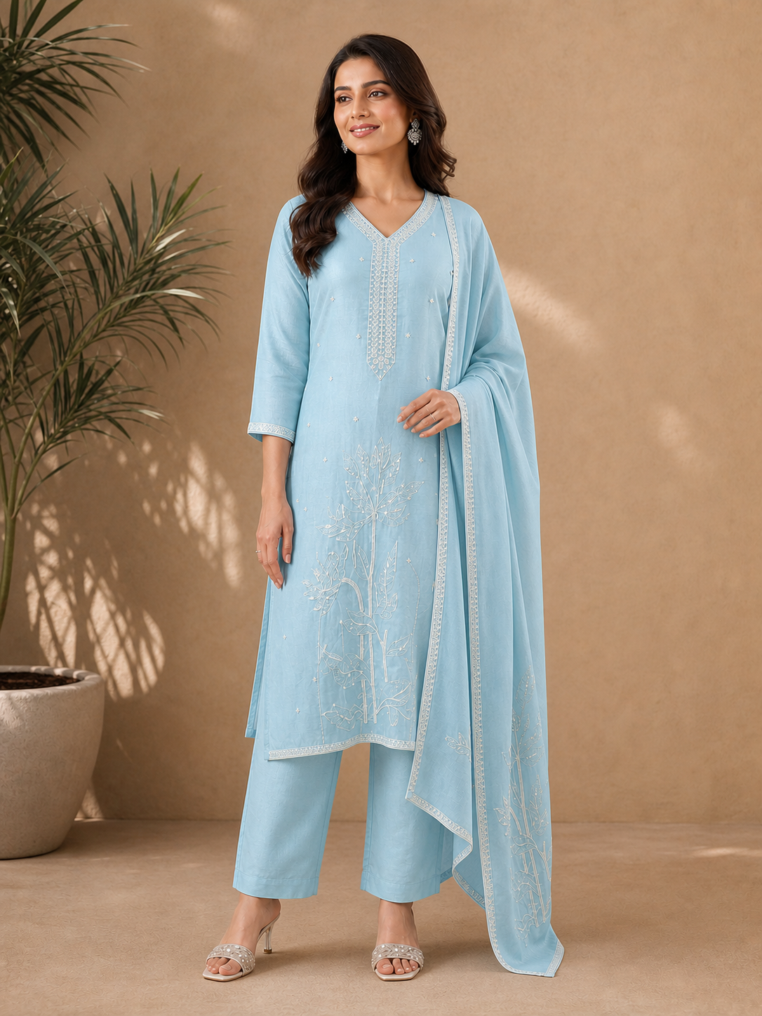 Peachmode Sky Blue Vichitra Silk Embroidered Salwar Suit - Image 2