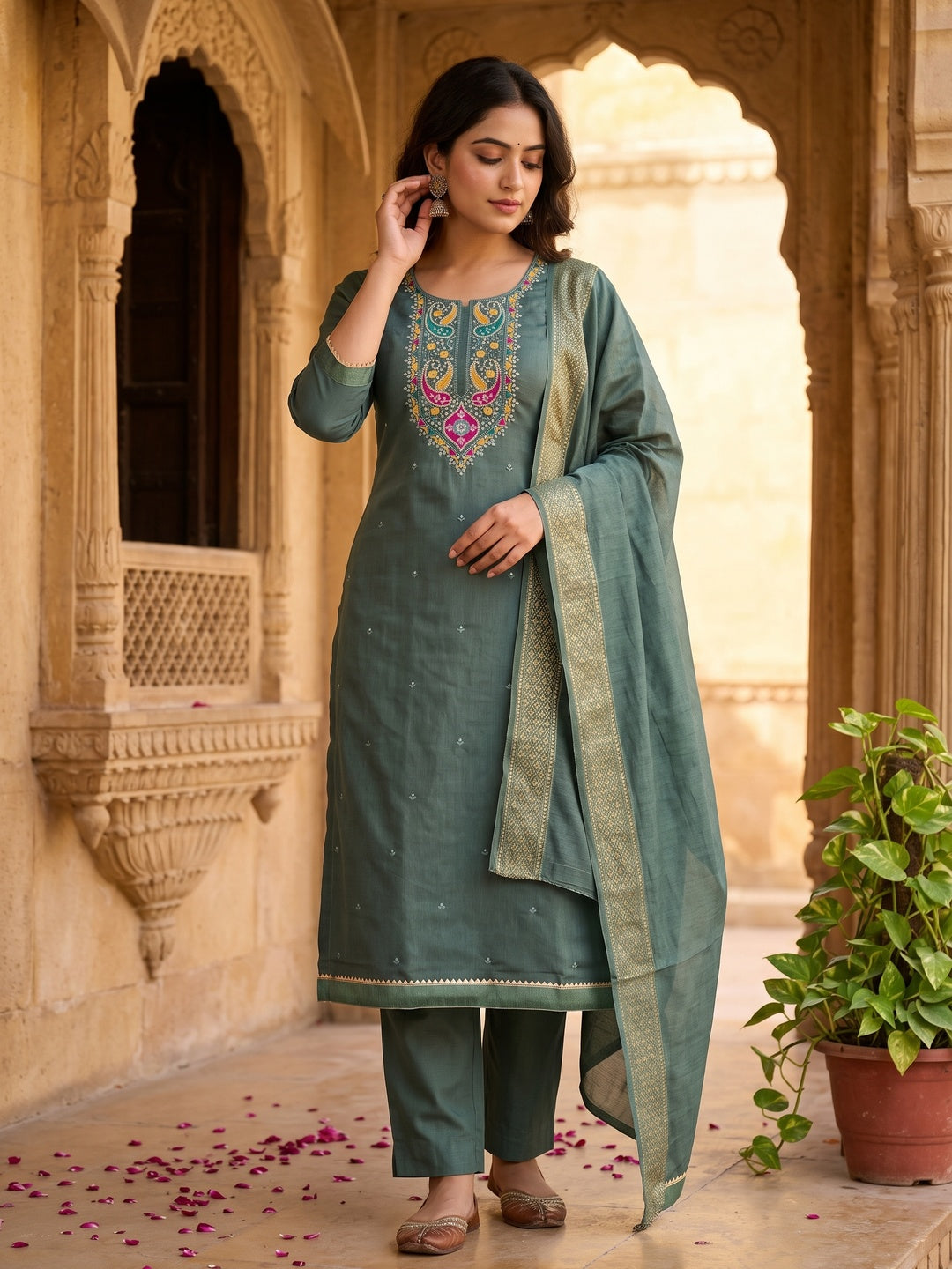 Green Floral Sequins Embroidered Cotton Silk Dress Material - Image 2