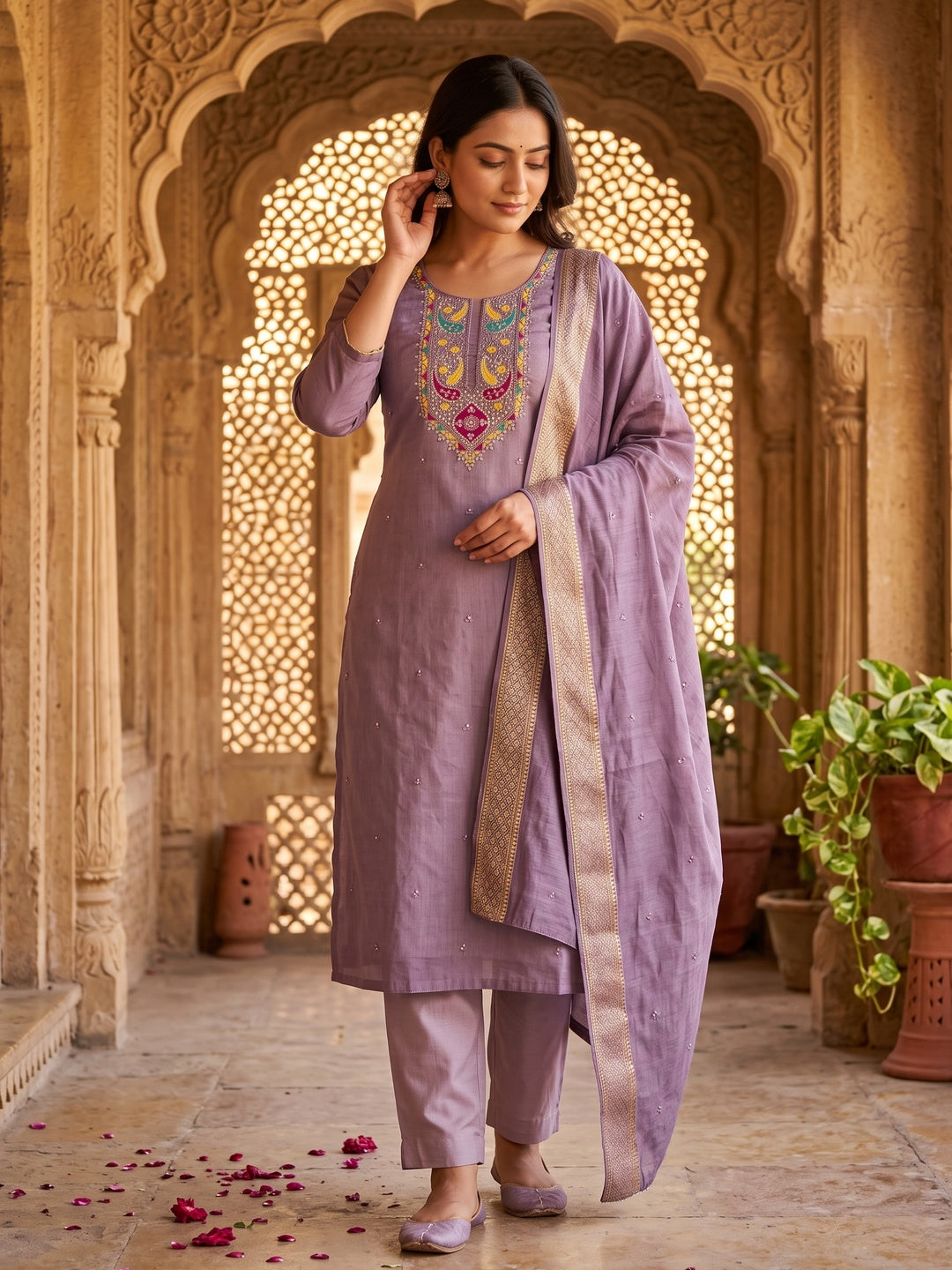 Purple Floral Sequins Embroidered Cotton Silk Dress Material - Image 1
