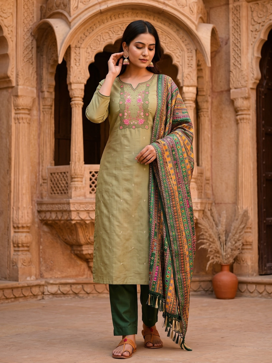 Green Floral Sequins Embroidered Cotton Silk Dress Material - Image 1