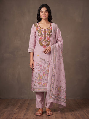 Peachmode Pink Floral Embroidered Linen Cotton Dress Material - Image 1