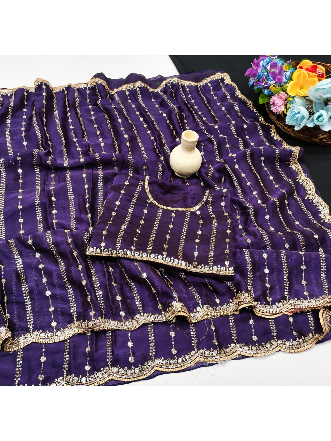 Peachmode Purple Embellished Chinon Saree - Image 2