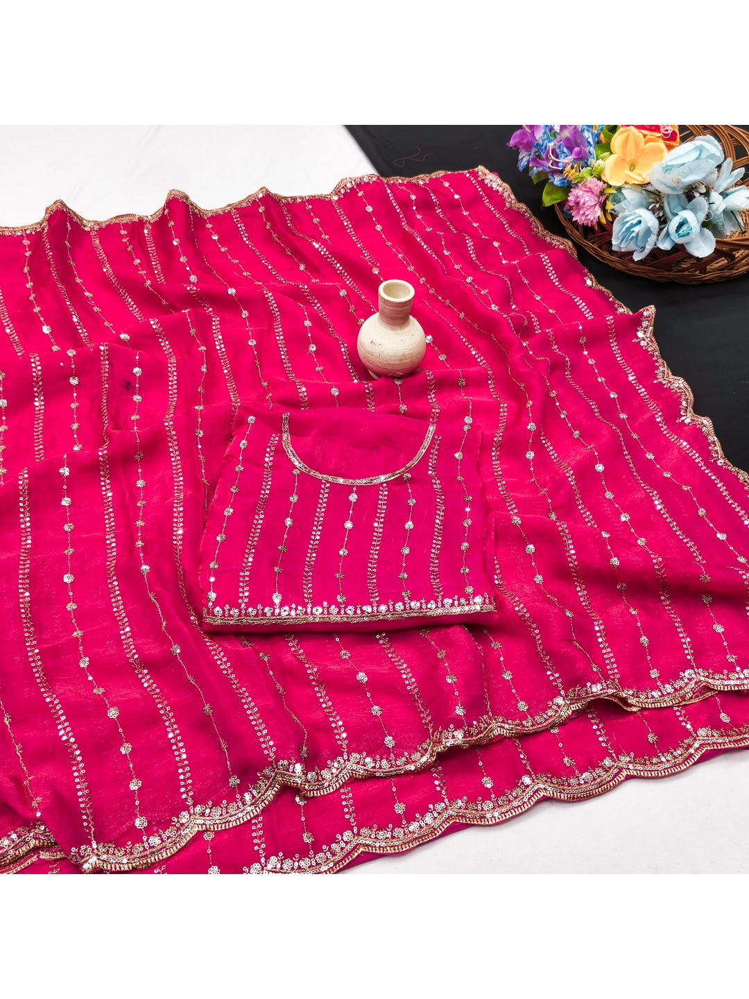 Peachmode Hot Pink Embellished Chinon Saree - Image 2
