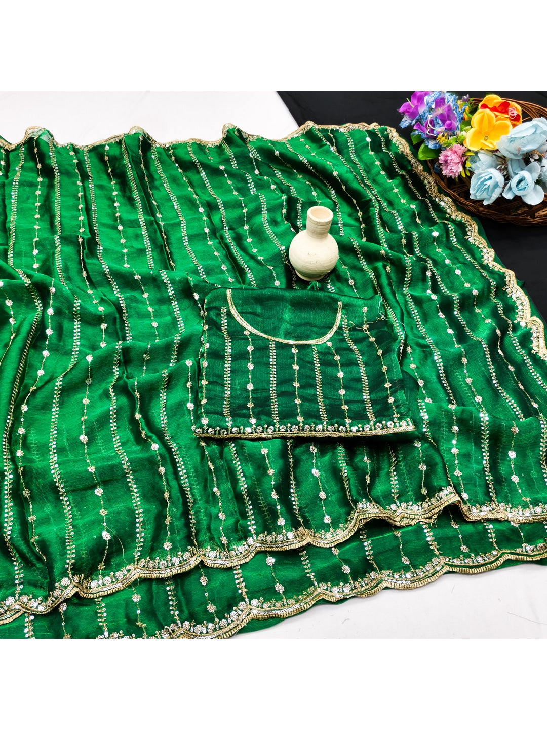 Peachmode Green Embellished Chinon Saree - Image 2