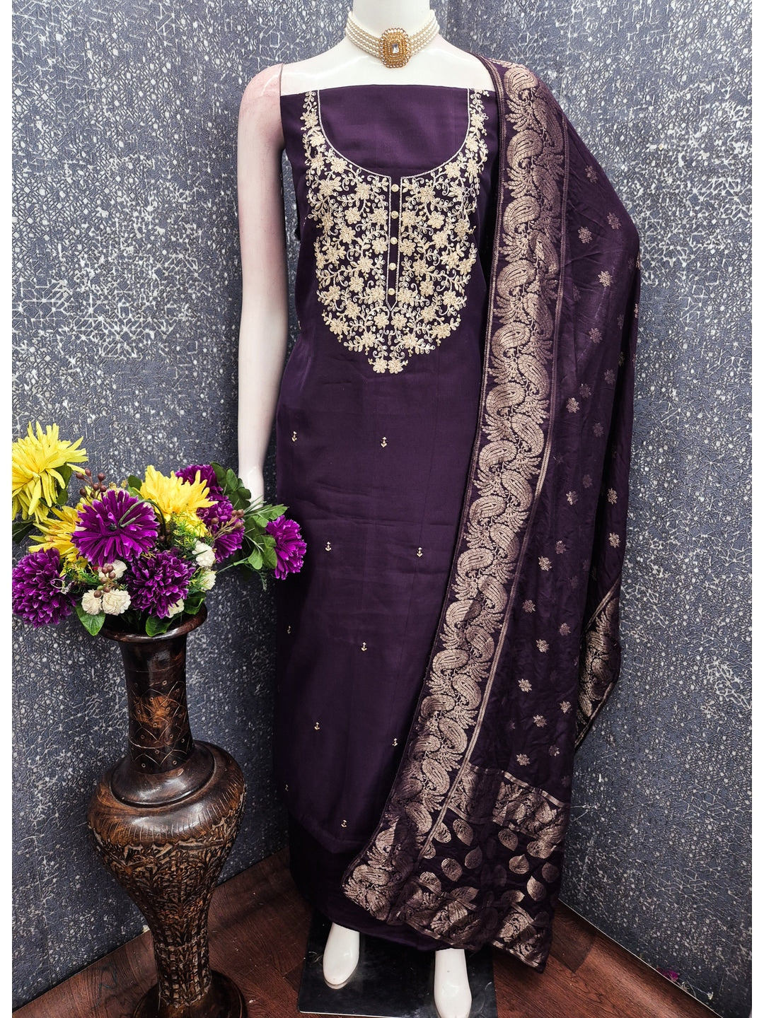 Peachmode Deep Purple Embroidered Roman Silk Dress Material - Image 2