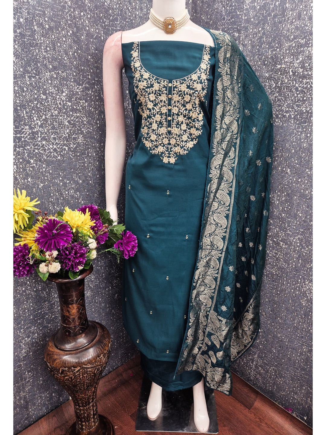 Peachmode Teal Embroidered Roman Silk Dress Material - Image 2