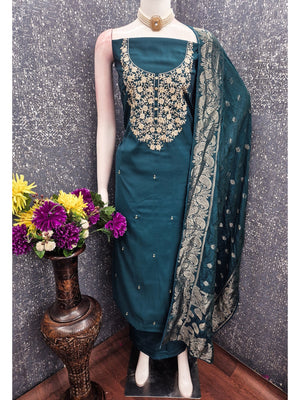 Peachmode Teal Embroidered Roman Silk Dress Material - Image 2