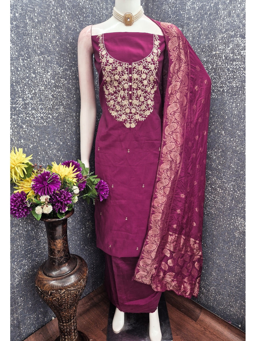 Peachmode Magenta Embroidered Roman Silk Dress Material - Image 2
