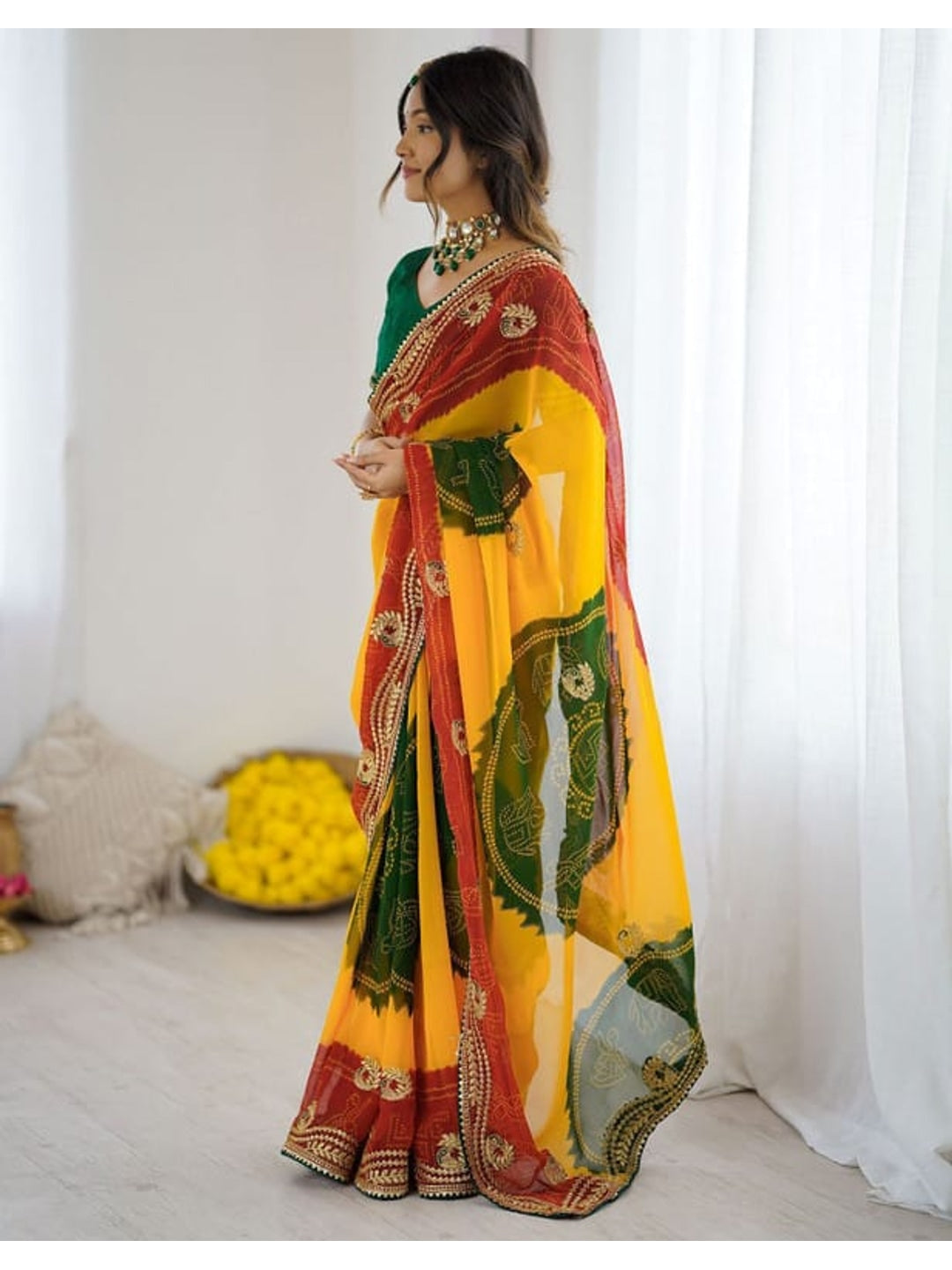 Peachmode Yellow Multicolor Printed Embellished Georgette Saree - Image 2
