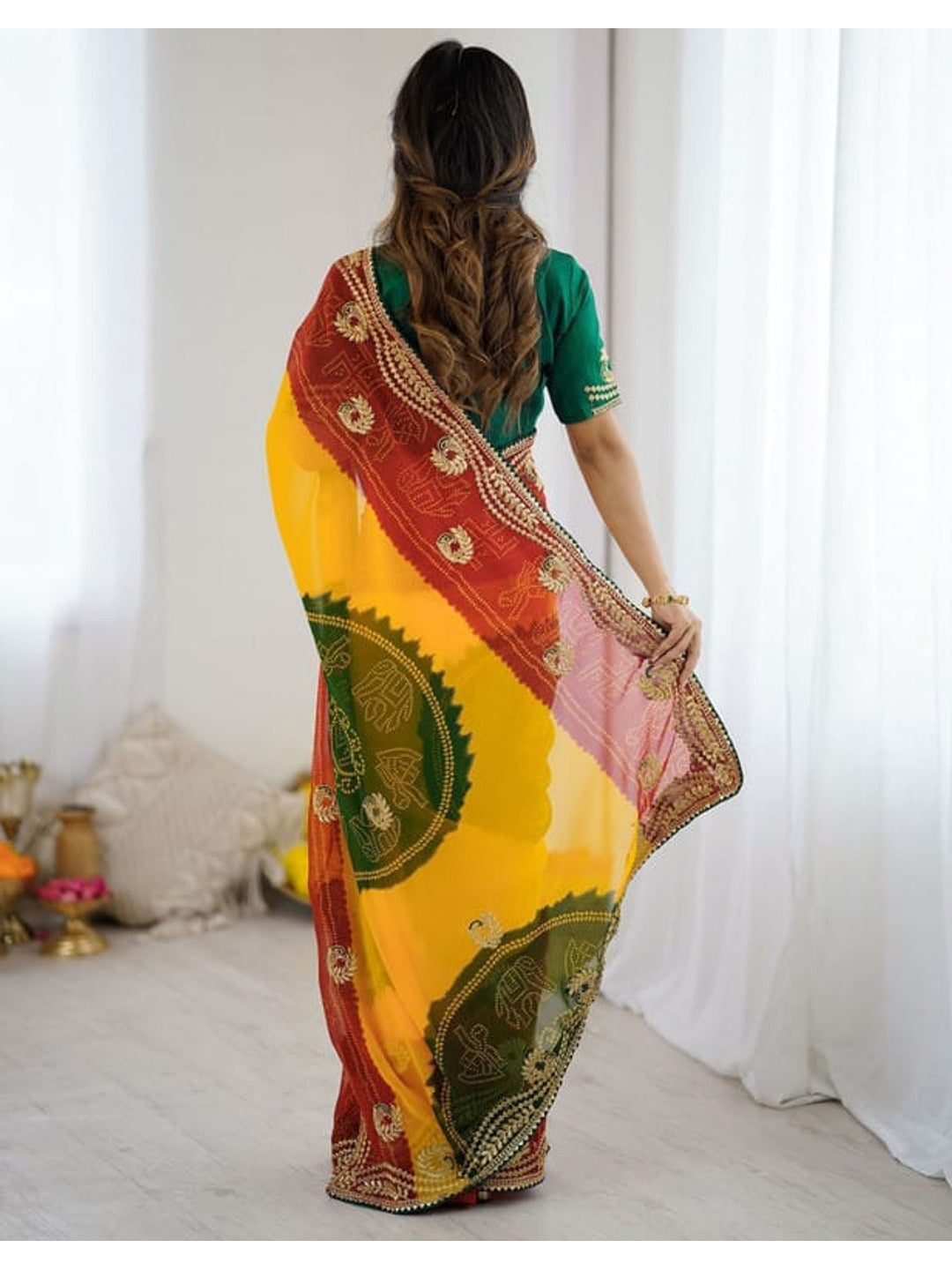 Peachmode Yellow Multicolor Printed Embellished Georgette Saree - Image 3