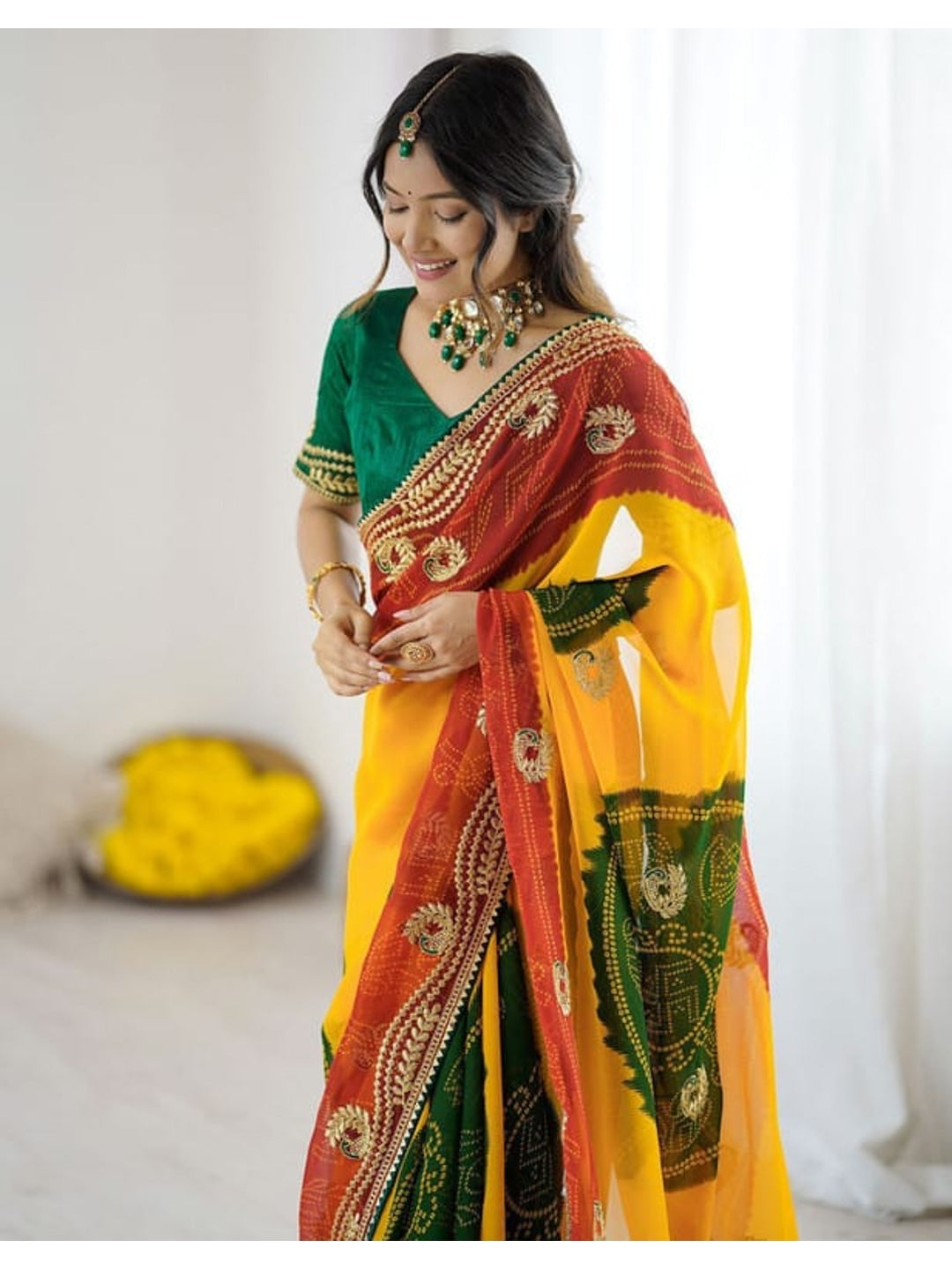 Peachmode Yellow Multicolor Printed Embellished Georgette Saree - Image 4