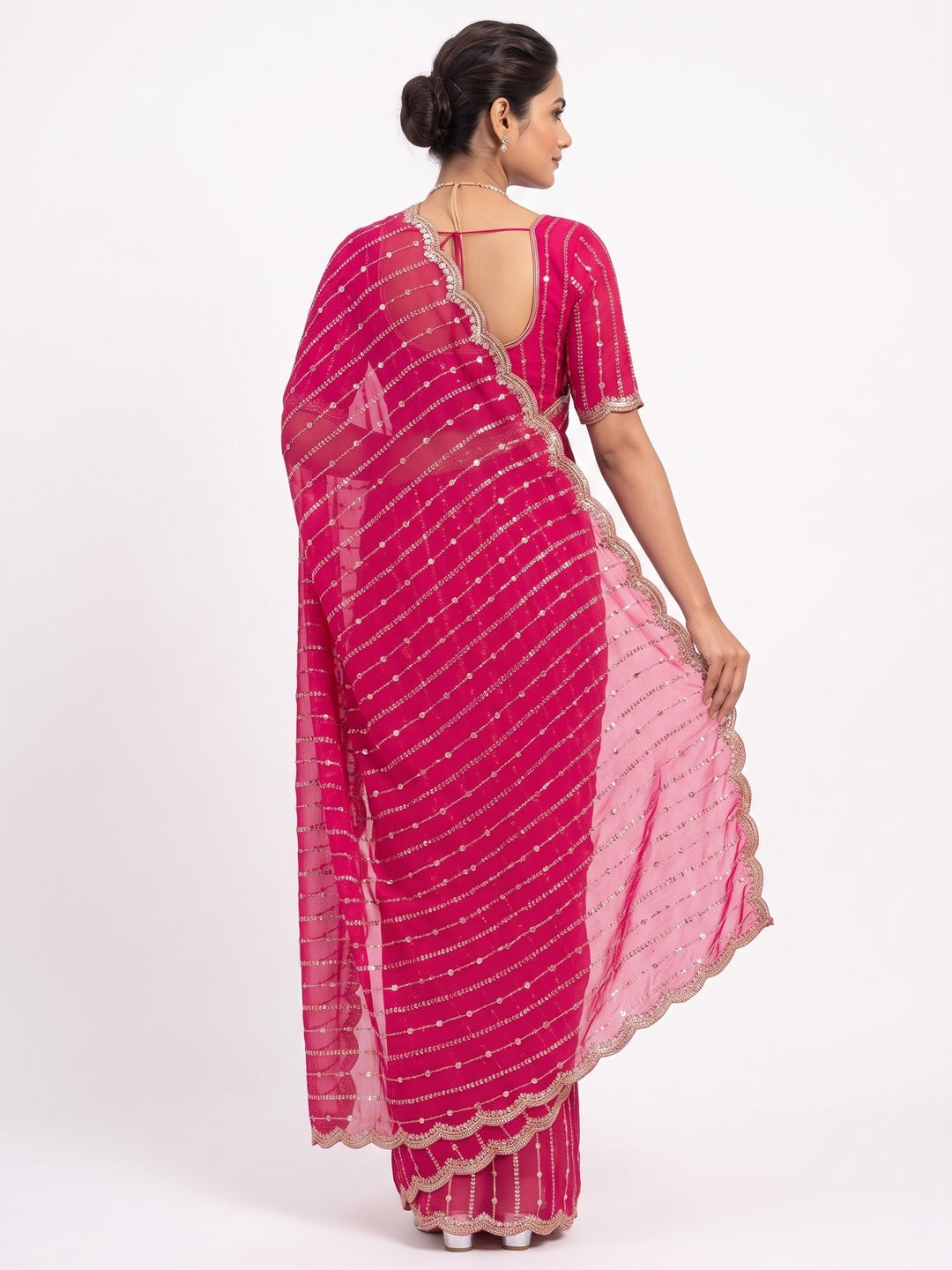 Peachmode Rani Pink Embellished Chinon Saree - Image 3