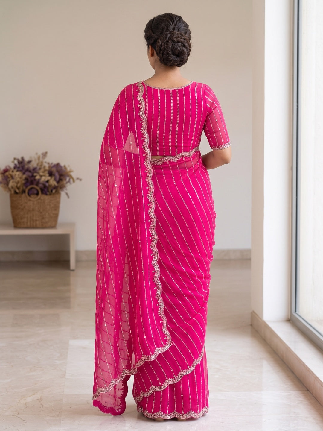 Peachmode Hot Pink Embellished Chinon Saree - Image 3