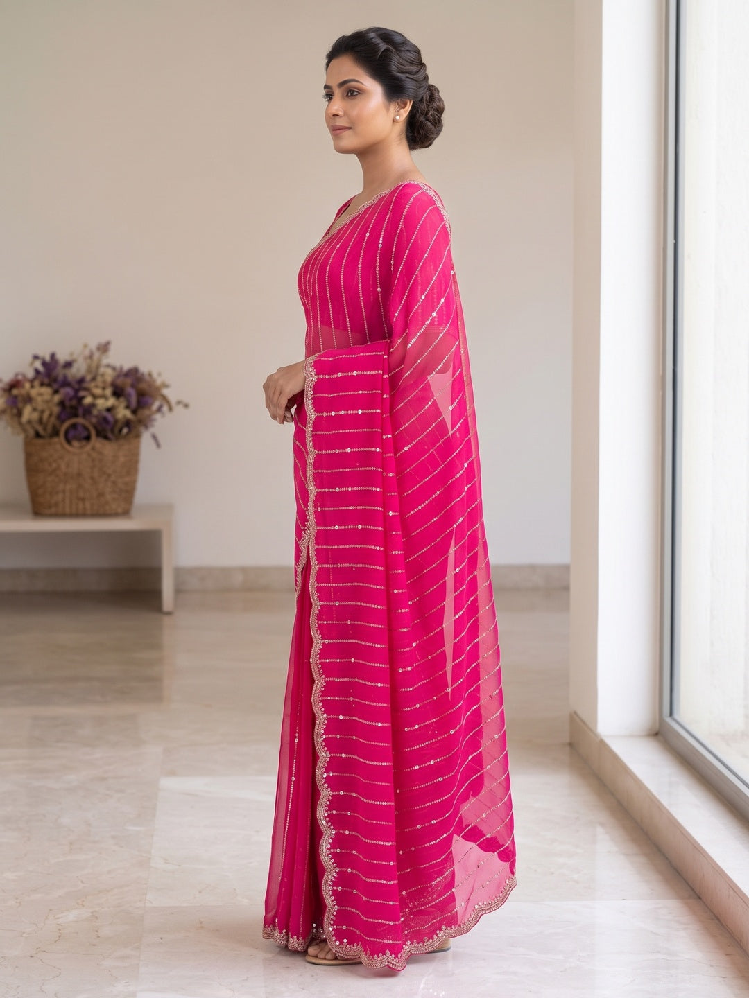 Peachmode Hot Pink Embellished Chinon Saree - Image 4