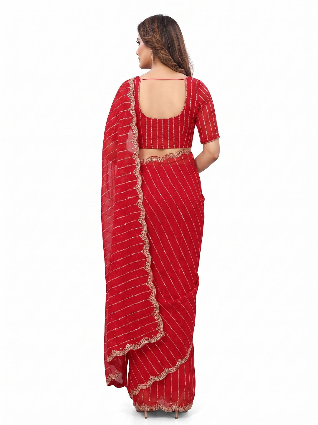 Peachmode Red Embellished Chinon Saree - Image 3