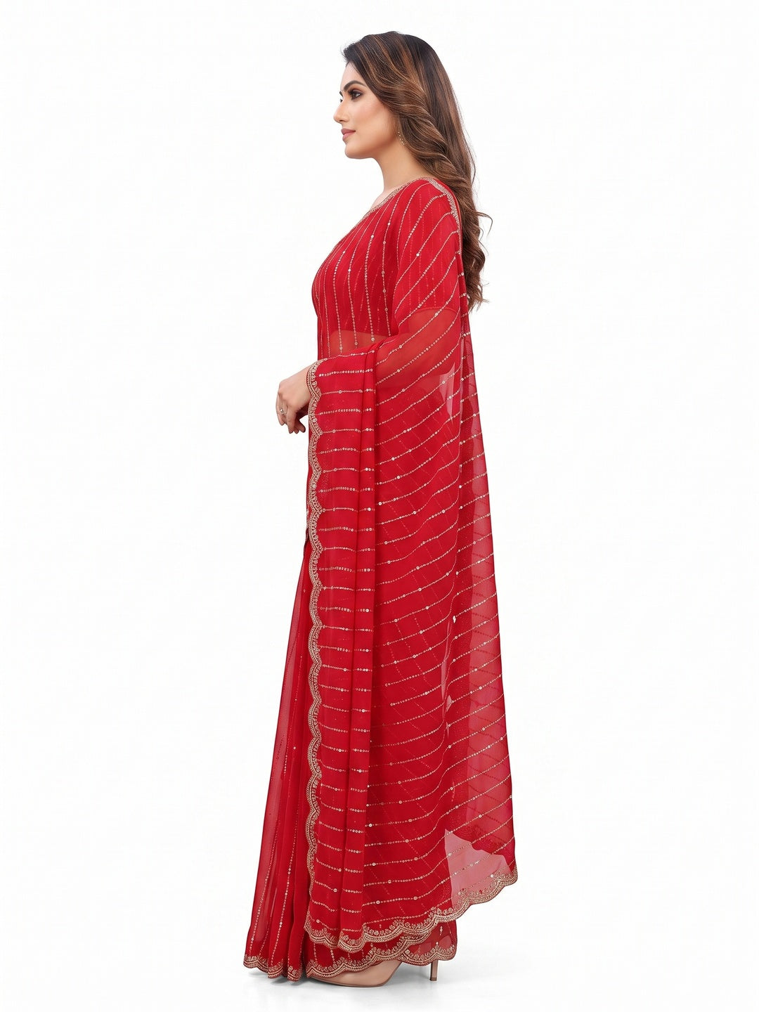Peachmode Red Embellished Chinon Saree - Image 4