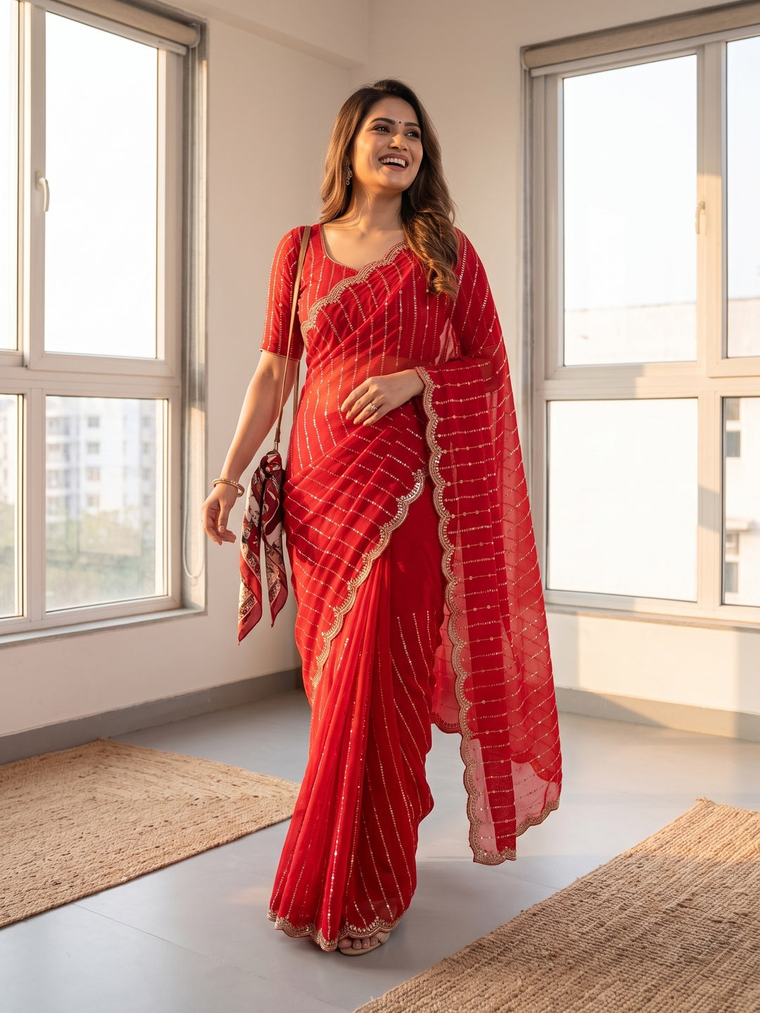 Peachmode Red Embellished Chinon Saree - Image 3