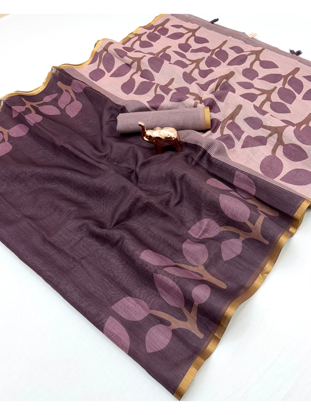 Peachmode Brown Kalamkari Print Linen Cotton Saree - Image 2