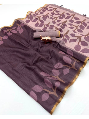Peachmode Brown Kalamkari Print Linen Cotton Saree - Image 2