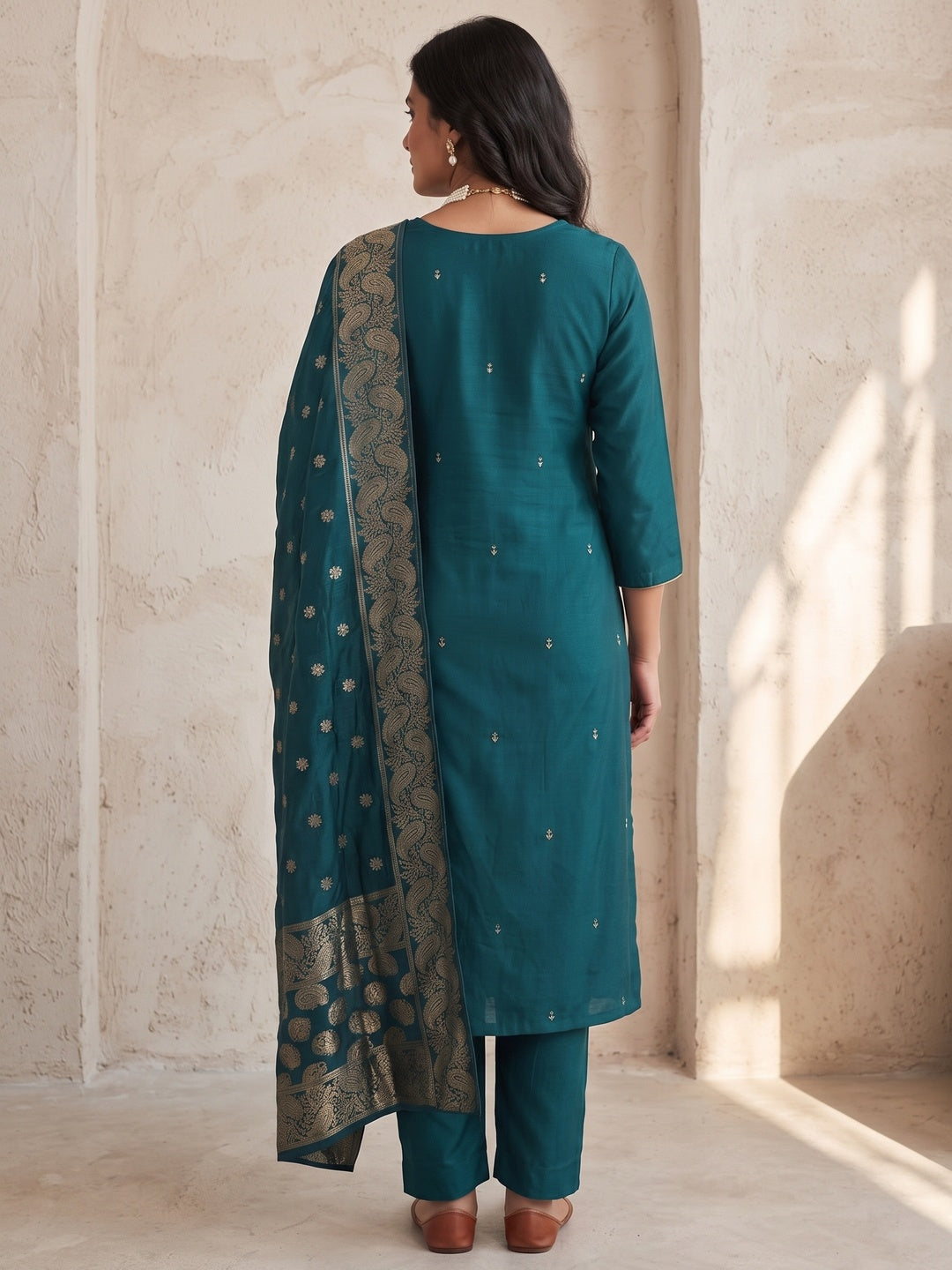 Peachmode Teal Embroidered Roman Silk Dress Material - Image 3