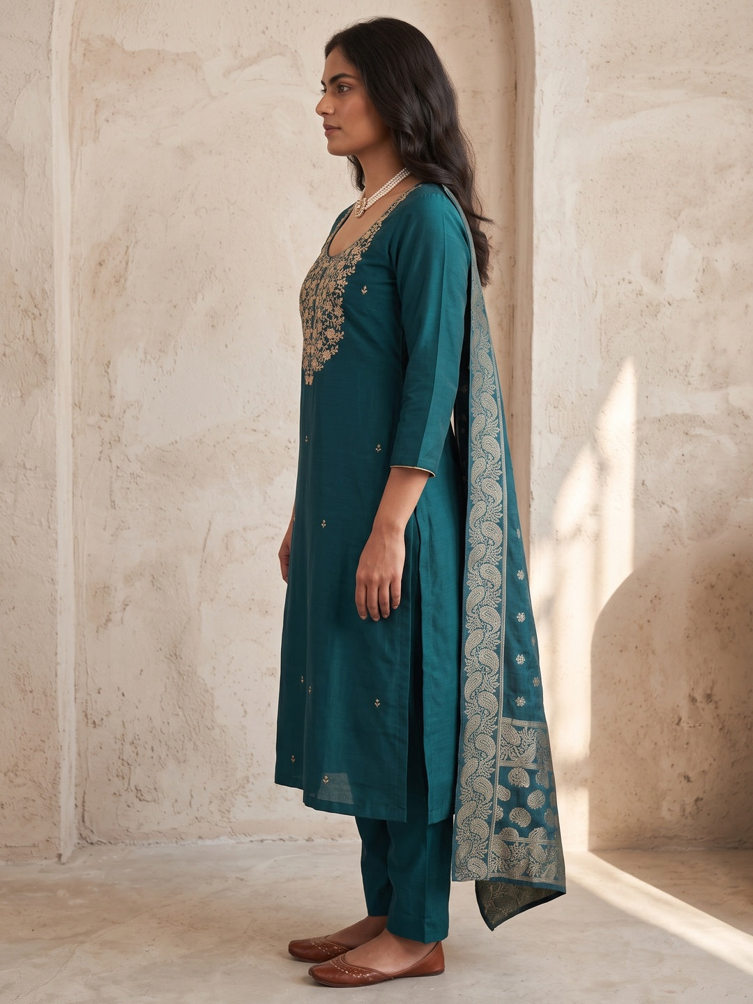 Peachmode Teal Embroidered Roman Silk Dress Material - Image 4