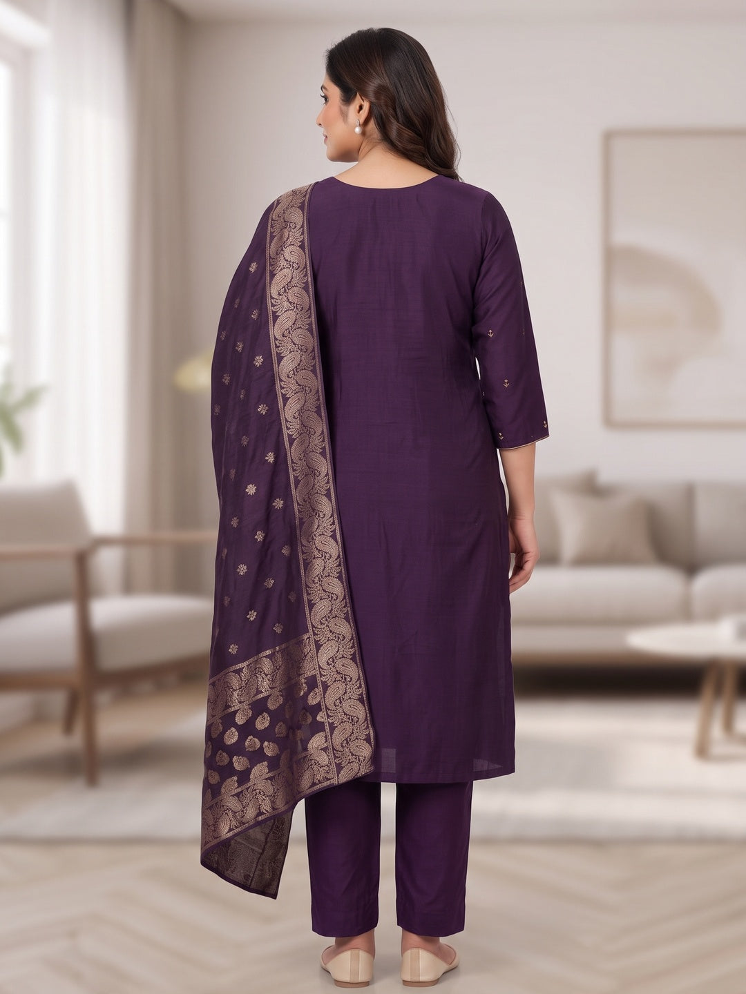 Peachmode Deep Purple Embroidered Roman Silk Dress Material - Image 3