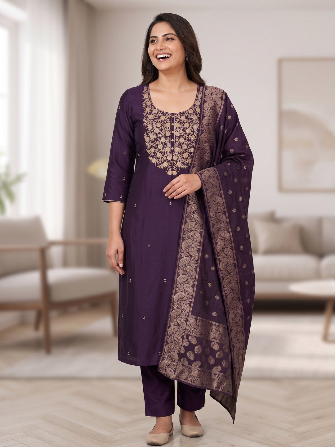 Peachmode Deep Purple Embroidered Roman Silk Dress Material - Image 5
