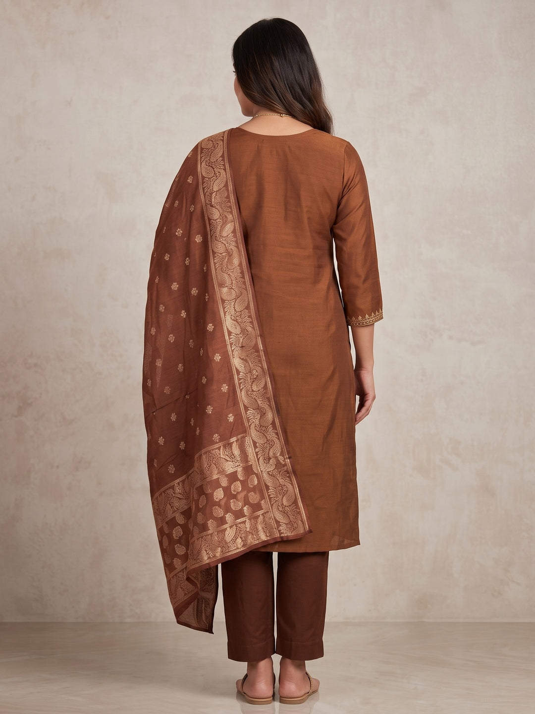 Peachmode Brown Embroidered Roman Silk Dress Material - Image 3