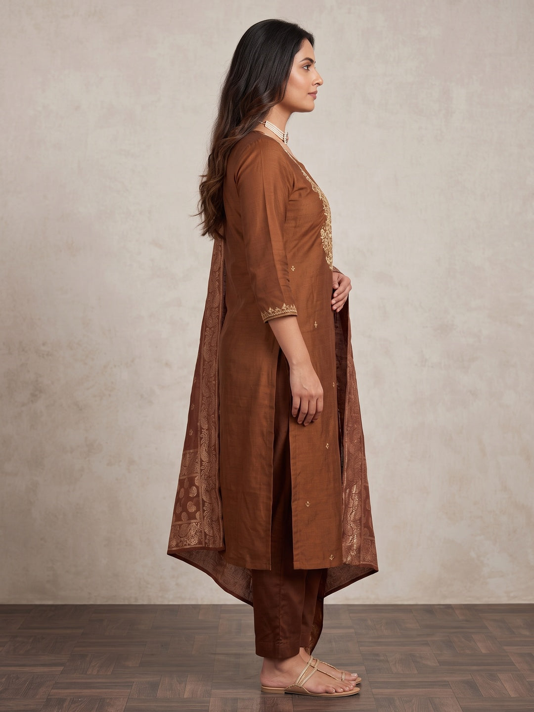 Peachmode Brown Embroidered Roman Silk Dress Material - Image 4