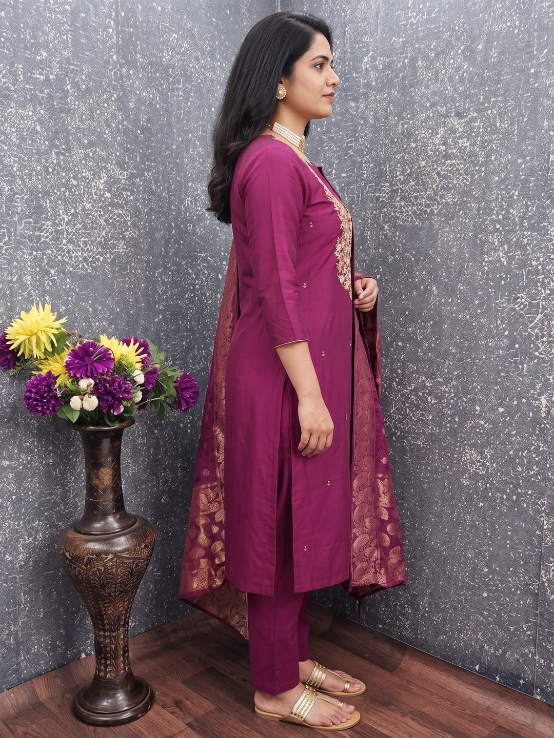 Peachmode Magenta Embroidered Roman Silk Dress Material - Image 4