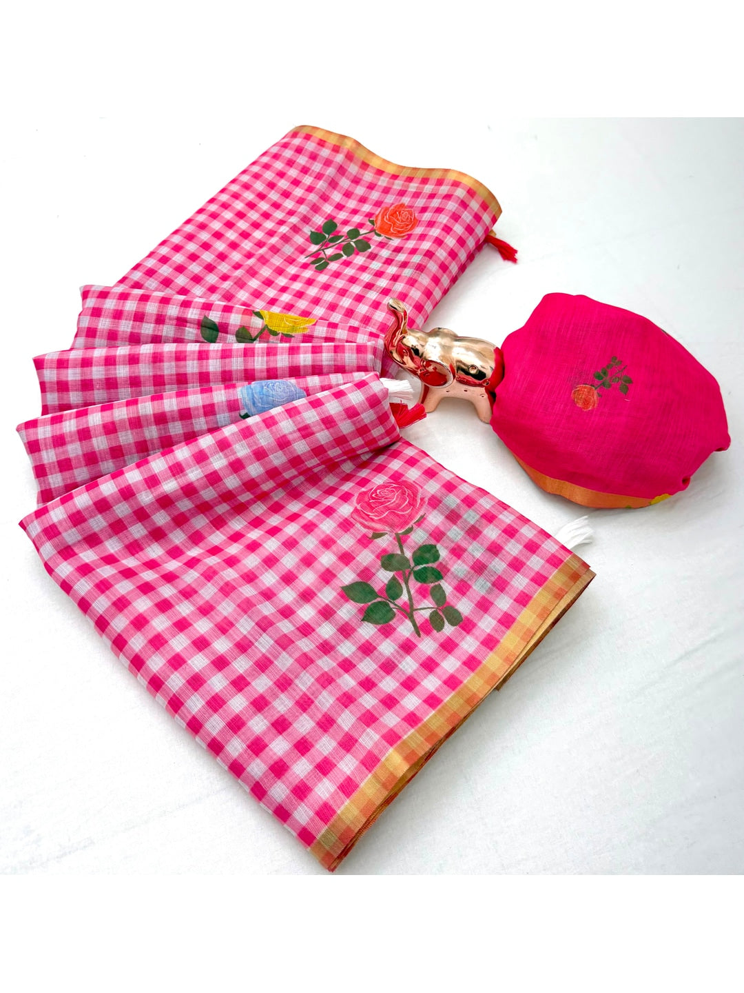 Peachmode Rani Pink Kalamkari Print Linen Cotton Saree - Image 2
