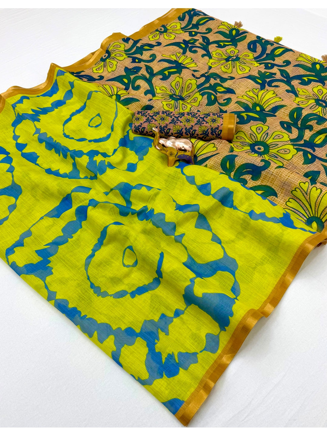 Peachmode Lemon Yellow Kalamkari Print Linen Cotton Saree - Image 2