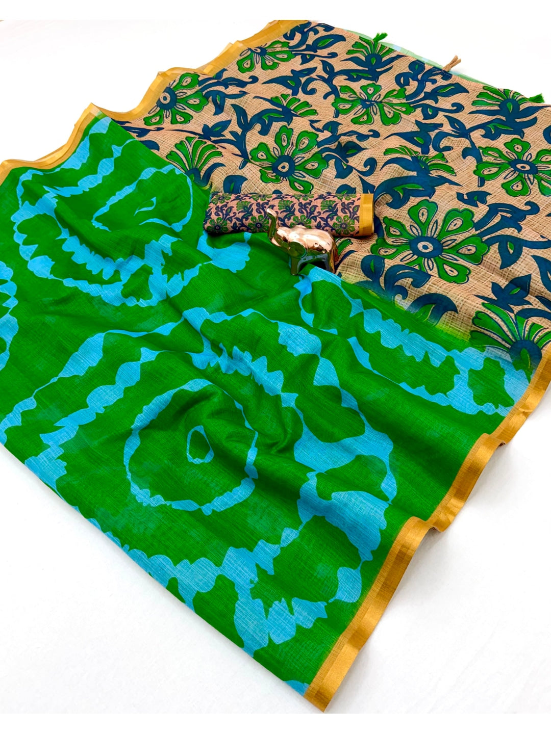 Peachmode Green Kalamkari Print Linen Cotton Saree - Image 2