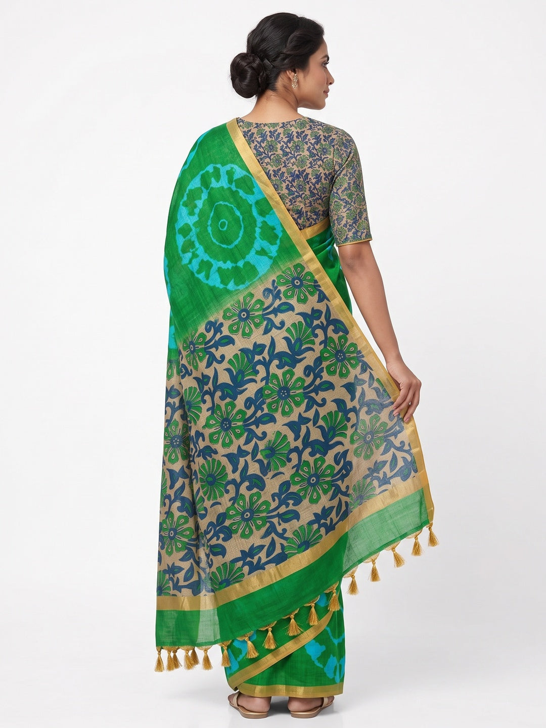 Peachmode Green Kalamkari Print Linen Cotton Saree - Image 3