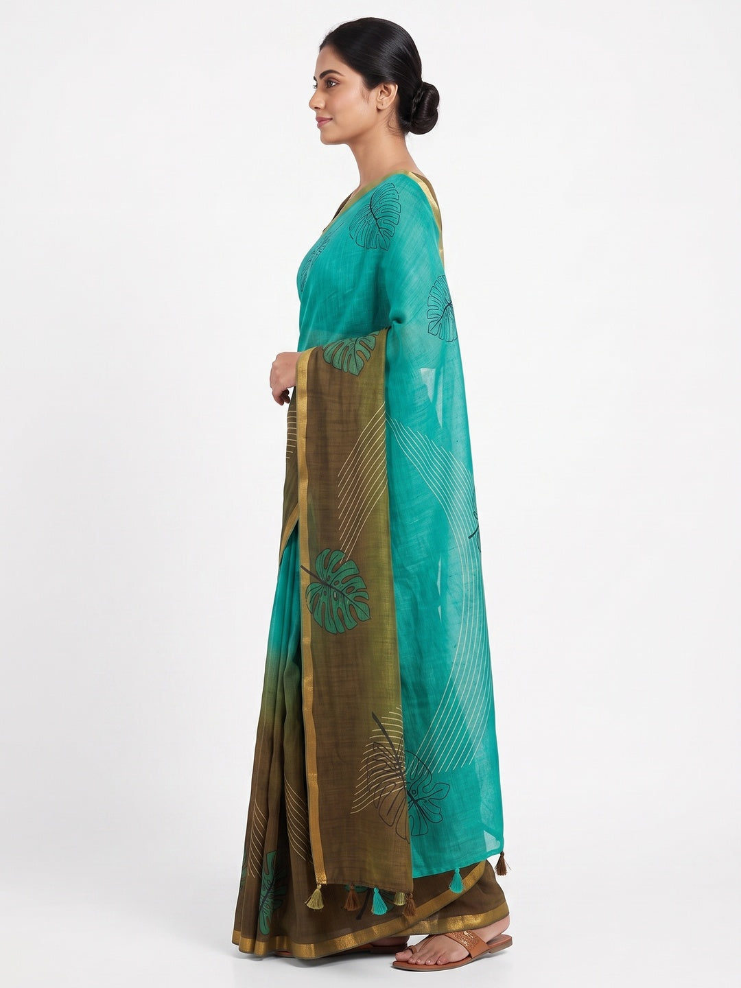 Peachmode Teal Olive Kalamkari Print Linen Cotton Saree - Image 4