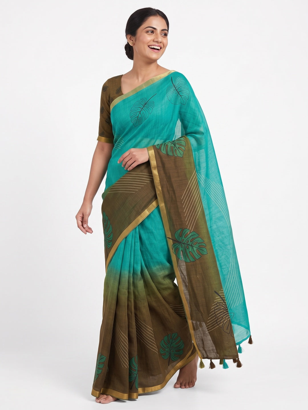 Peachmode Teal Olive Kalamkari Print Linen Cotton Saree - Image 5