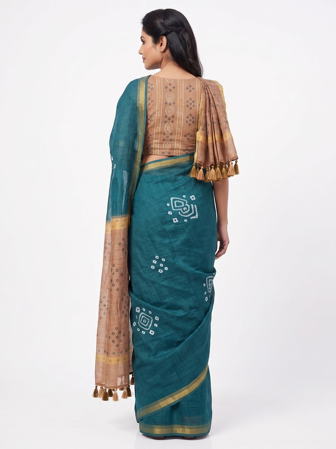 Peachmode Teal Kalamkari Print Linen Cotton Saree - Image 3