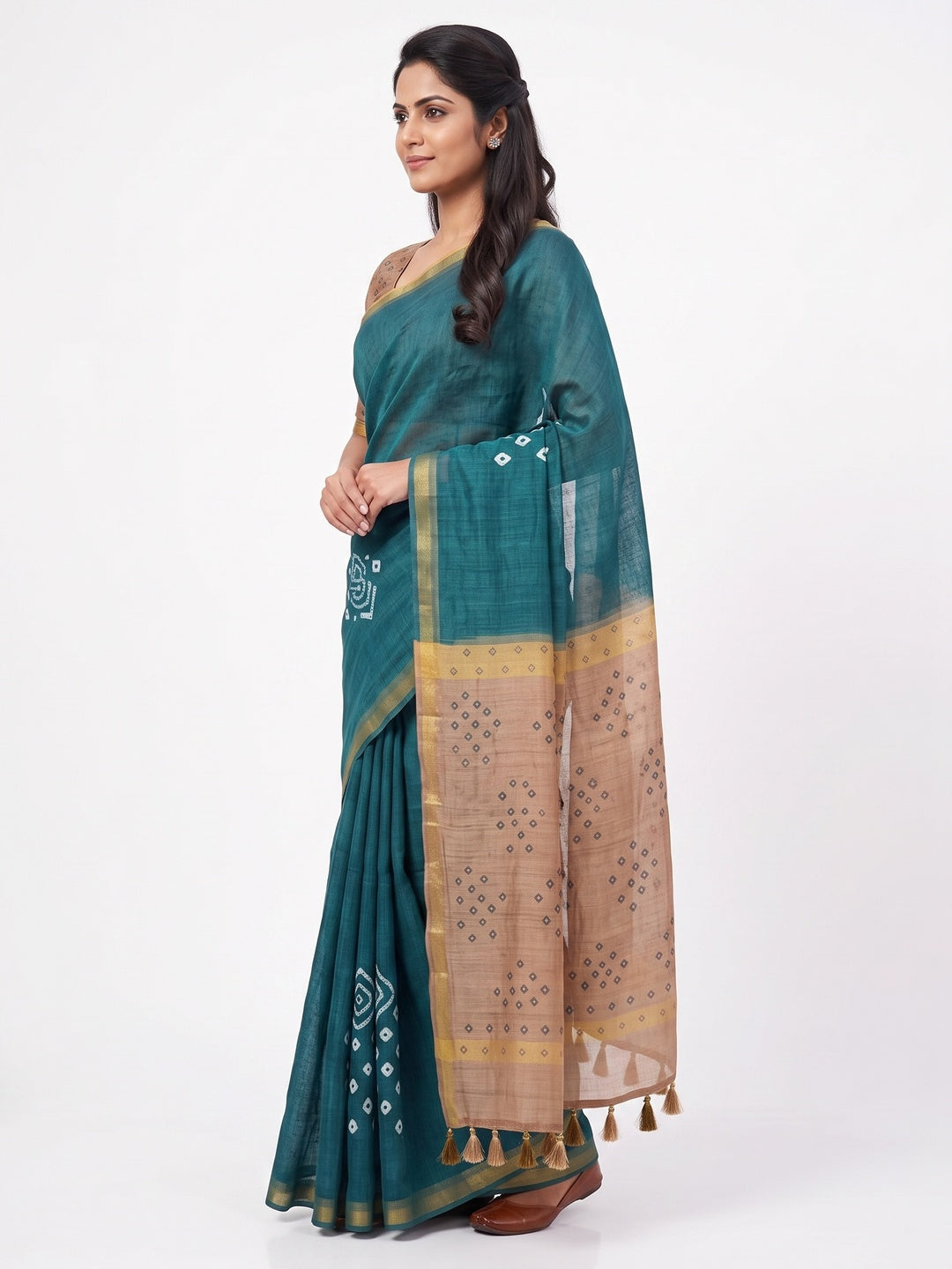 Peachmode Teal Kalamkari Print Linen Cotton Saree - Image 4