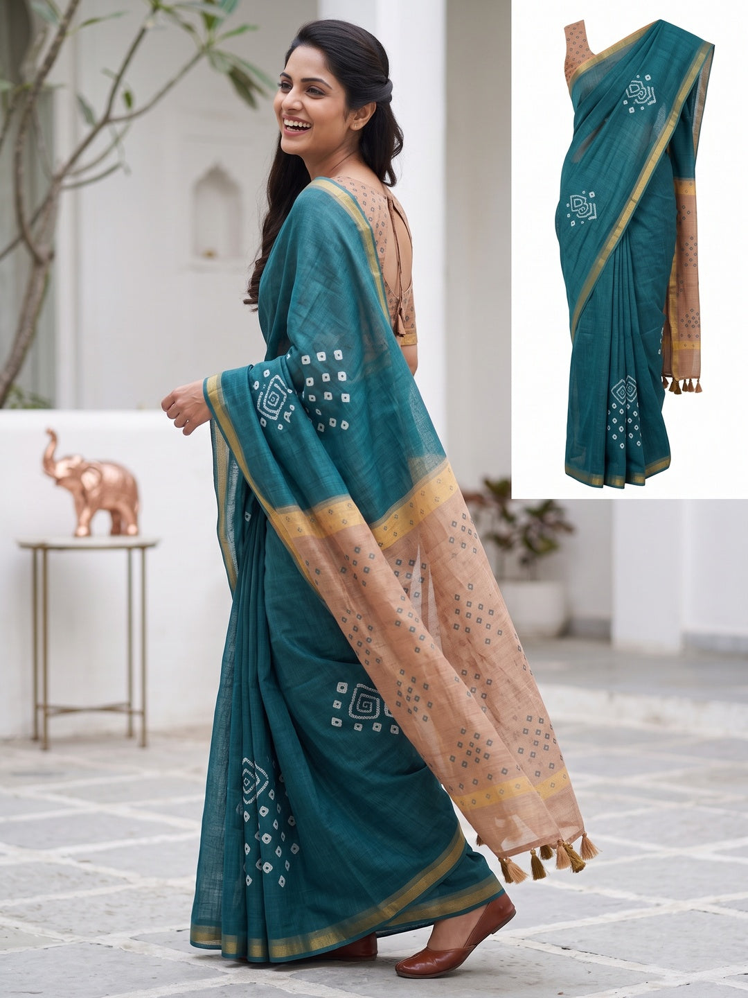 Peachmode Teal Kalamkari Print Linen Cotton Saree - Image 5
