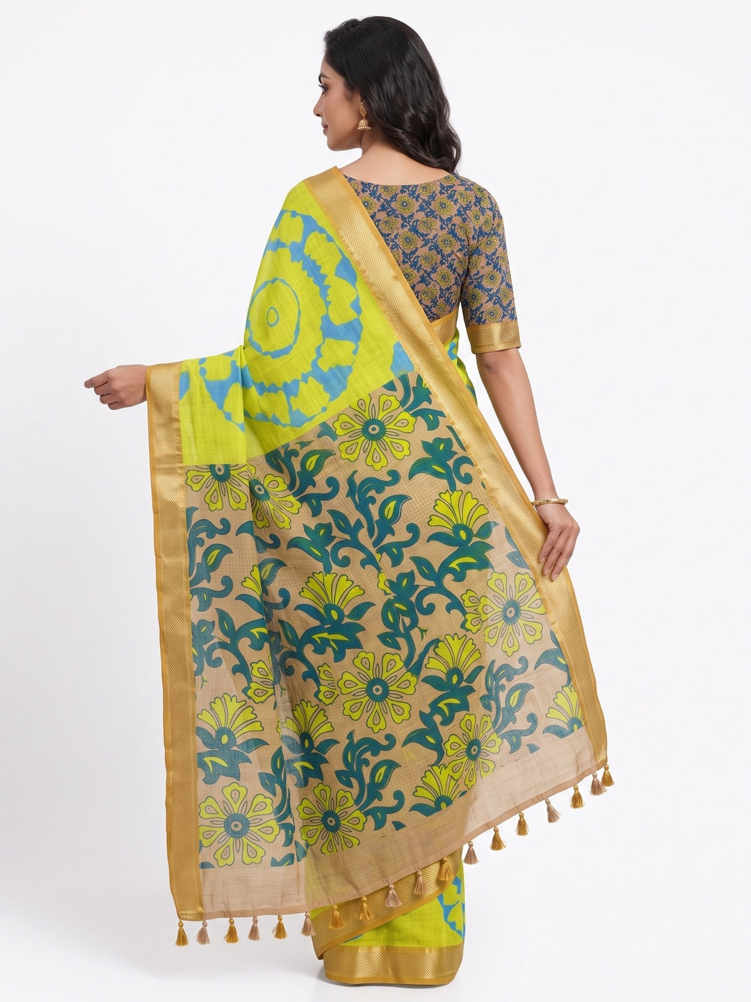 Peachmode Lemon Yellow Kalamkari Print Linen Cotton Saree - Image 3