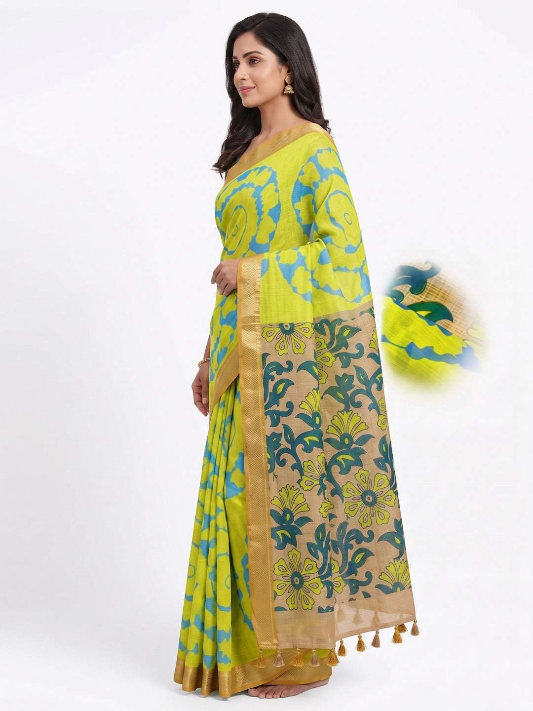 Peachmode Lemon Yellow Kalamkari Print Linen Cotton Saree - Image 4