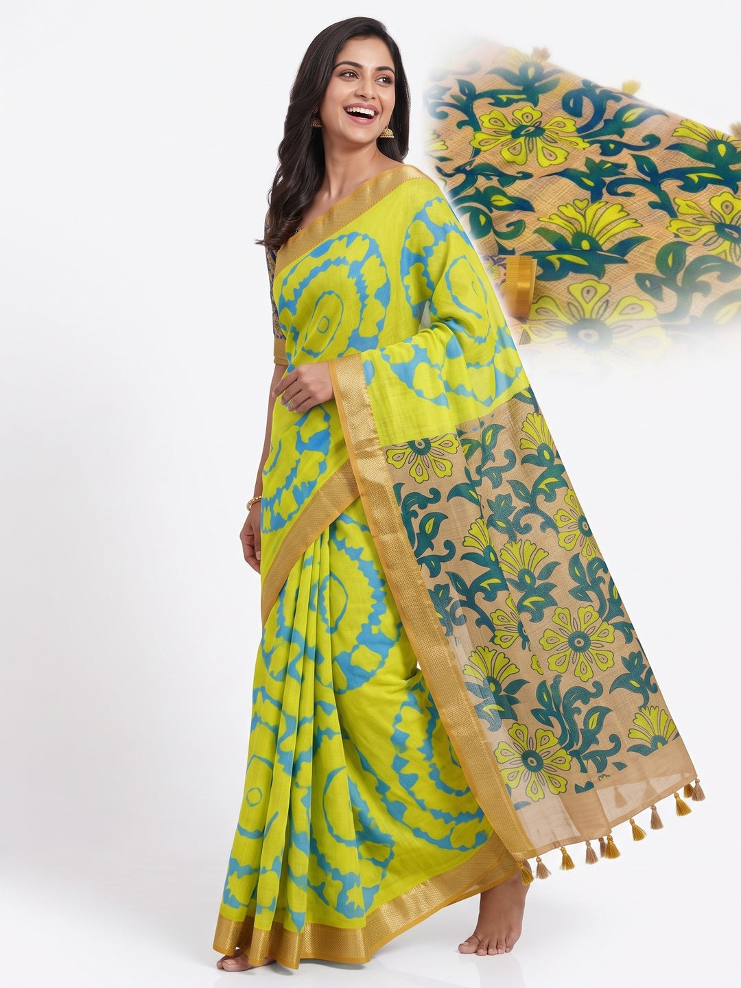 Peachmode Lemon Yellow Kalamkari Print Linen Cotton Saree - Image 5