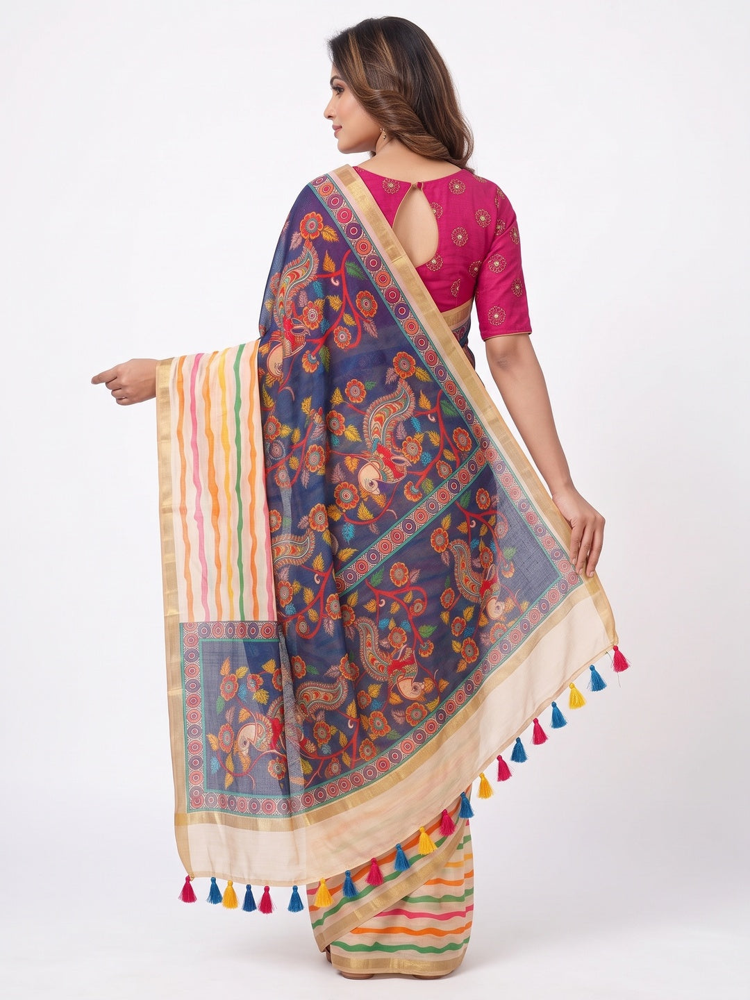 Peachmode Multicolor B Kalamkari Print Linen Cotton Saree - Image 3